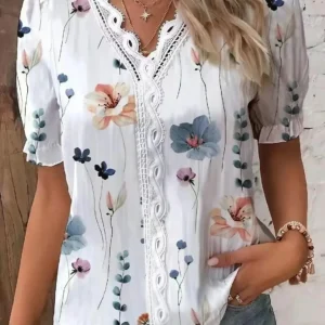 مزاجه قميص المرأة عادية الخامس الرقبة أنيقة المرأة قميص قصير الأكمام فضفاضة بلوزة أعلى عطلة نهاية الأسبوع