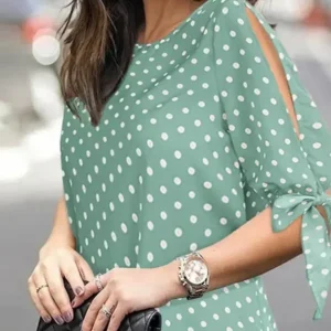 بلوزة ZAZEA-بولكا مطبوعة للنساء ، قميص للعطلات ، نصف كم ، ياقة دائرية ، قمم تونك ، قميص حفلات أنيق ، موضة غير رسمية ، كبيرة الحجم